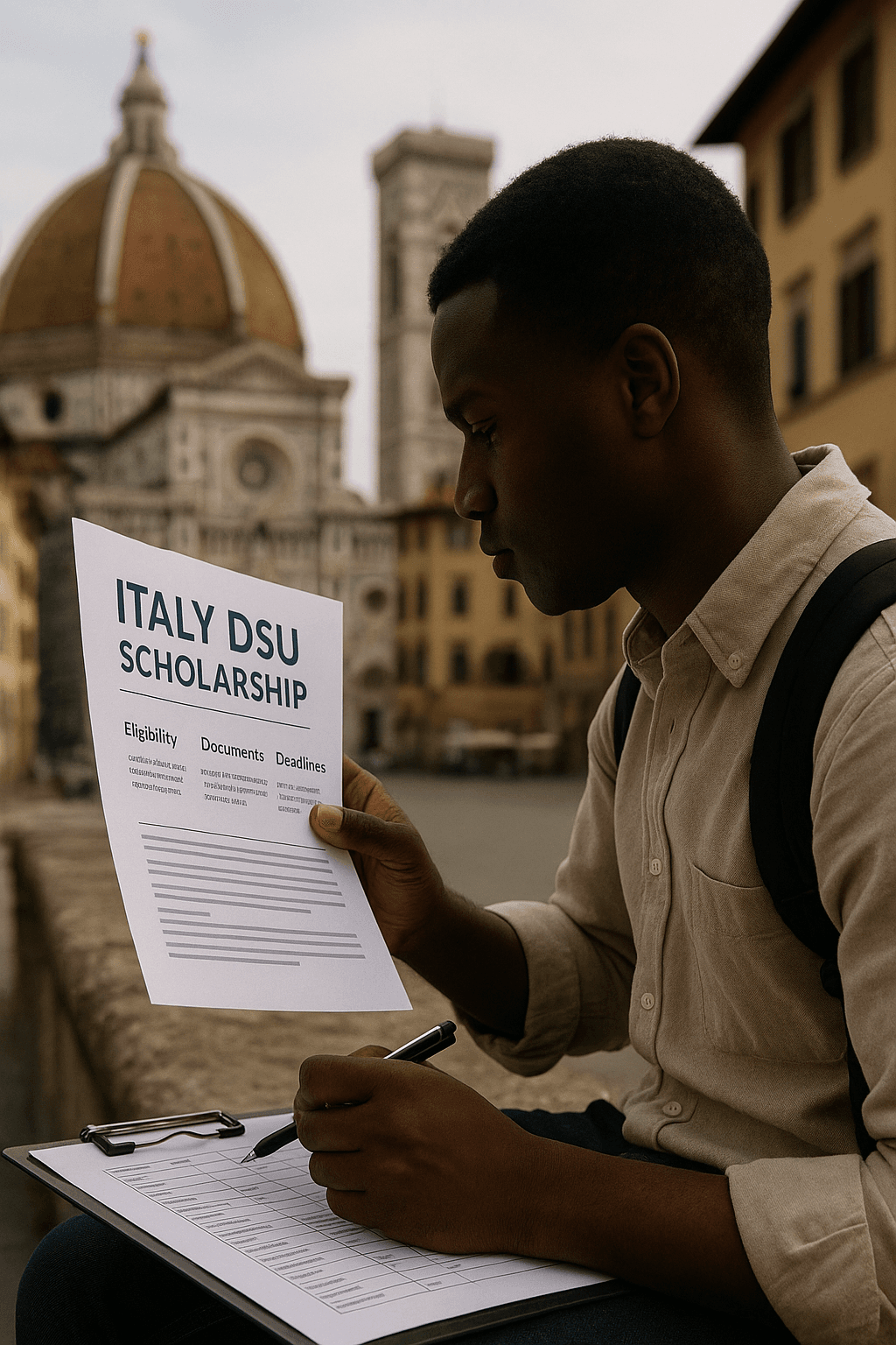 Student in Italy reviewing DSU scholarship documents.