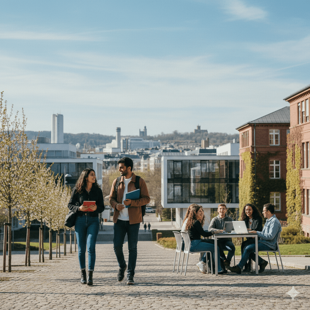 Students near a German campus and cityscape